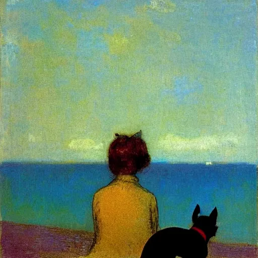 Image similar to a woman and her black and brown chihuahua looking out to sea by odilon redon