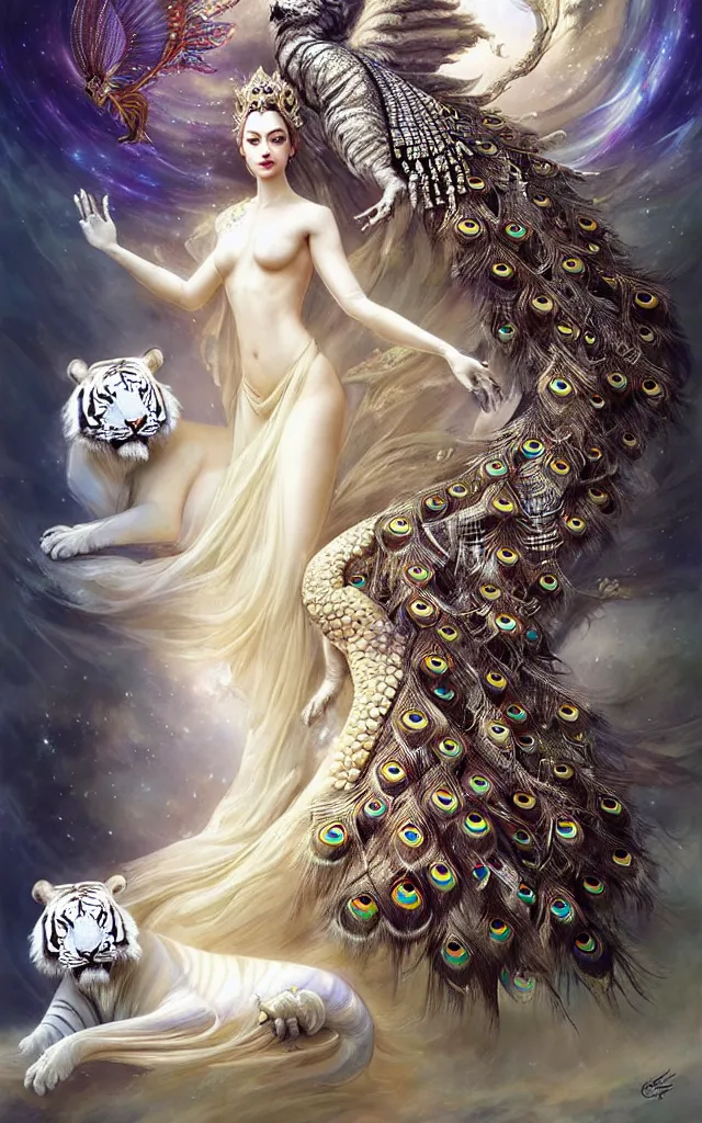 Prompt: a beautiful ultradetailed portrait of an empress of celestial beauty! with large white tiger guardian by her side, ornate crown made of peacock feathers by greg rutkowski, karol bak and peter mohrbacher, volumetric lighting, magical realism, celestial, goddess, empress, white tiger.