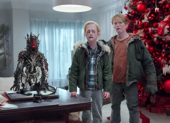Image similar to the movie the predator starring macaulay culkin kevin mcallister home alone living room christmas vfx film