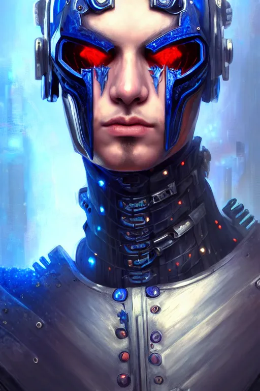 Prompt: portrait of beautiful young man, warhammer, cyber style, cyberpunk armor, a lot of more scars, more and more flowers, blue head, the middle ages, highly detailed, artstation, illustration, artgerm sylvari portrait, 8 k quality, art by gustav klimt