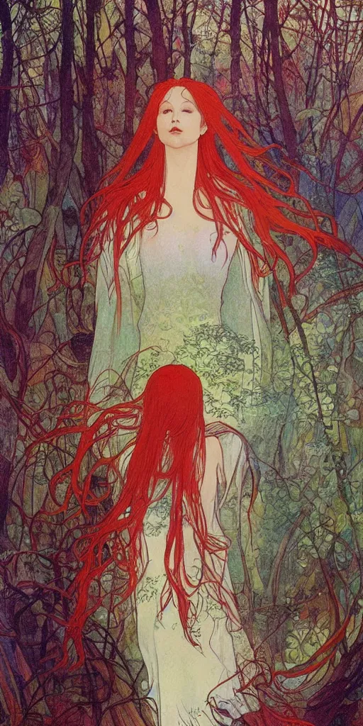 Image similar to a beautiful illustration of a red-head female in a forest, autumn, cinematic composition, mist, style of yoshitaka amano and alfons mucha