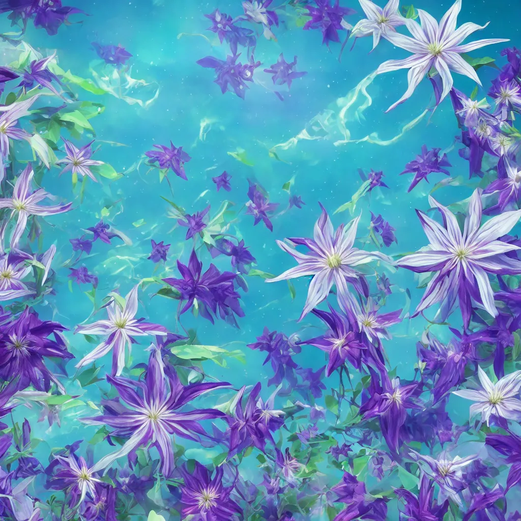 Image similar to clematis theme logo, clematis theme banner, clematis design, clematis in the deep sea, clematis like stars in the sky, trending on artstation, warm light, lovely and cute, fantasy art, 8 k resolution