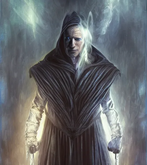 Image similar to joe biden as a hooded arch mage, portrait, by artgem, by yoshitaka amano, dark atmosphere, digital art, highly detailed,