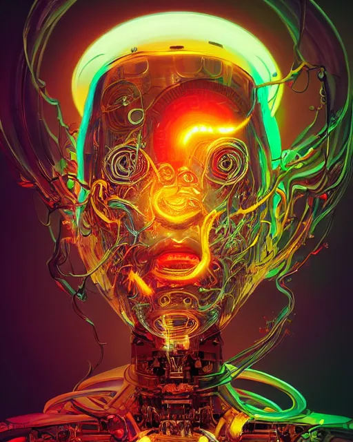 Prompt: robot cyborg head, portrait, artificial consciousness, delirium, chaotic storm of twisting liquid smoke, by james jean, dan mumford, liam brazier, peter mohrbacher, anato finnstark, swirling fluid smokey enigma, radiant light