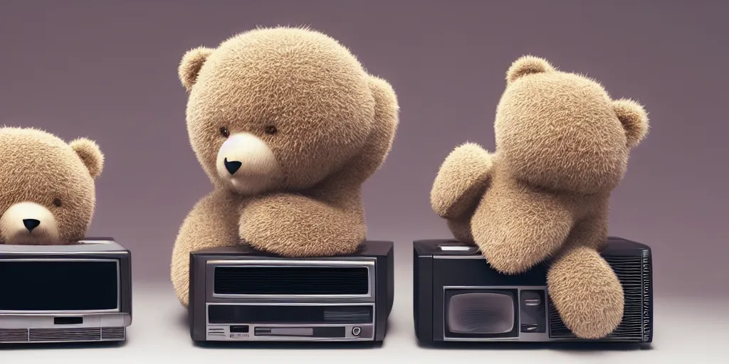 Image similar to two fluffy bears playing coleco vision with an old tv, octane render, 8 k resolution, cinematic