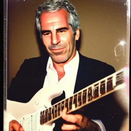 Prompt: polaroid photo of jeffrey epstein playing guitar, flash photography,
