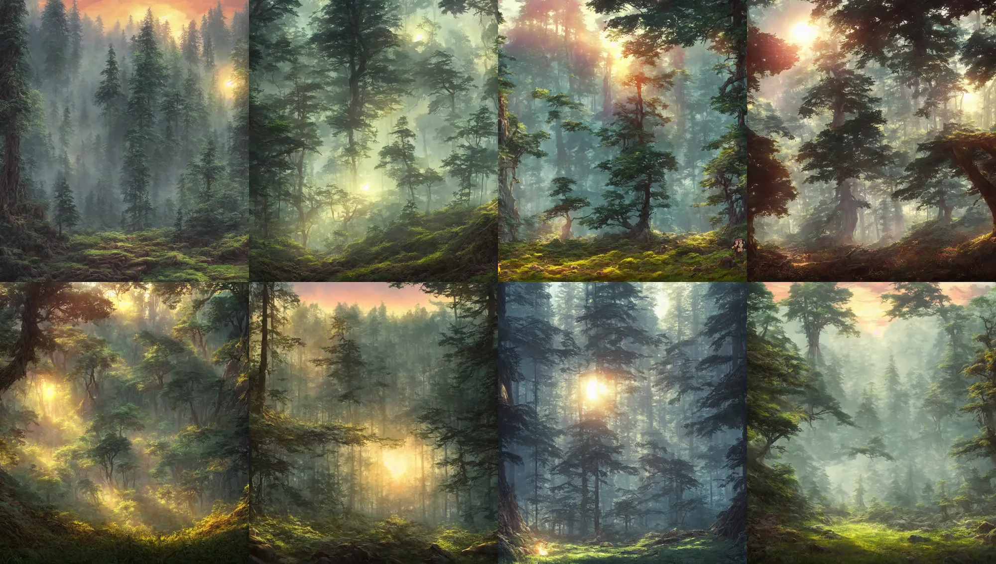 Image similar to forest clearing landscape, sunset, studio ghibli, pixar and disney animation, sharp, rendered in unreal engine 5, highly detailed, digital painting, artstation, concept art, smooth, sharp focus, illustration, wide angle, artbook, wallpaper, splash art, promo art, dramatic lighting, art by artgerm and greg rutkowski and bo chen and jin xiaodi