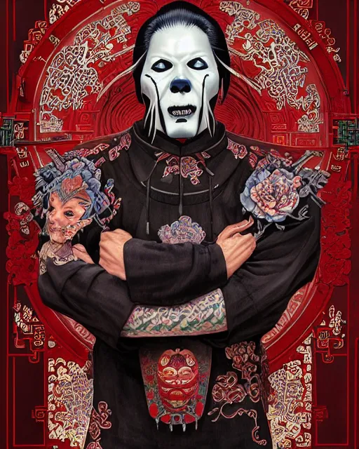 Image similar to portrait of slipknot band, upper half portrait, decorated with chinese opera motifs, asian, bian lian, traditional chinese art, intricate, elegant, highly detailed, symmetry, digital painting, artstation, concept art, smooth, sharp focus, illustration, art by artgerm and greg rutkowski and alphonse mucha, 8 k