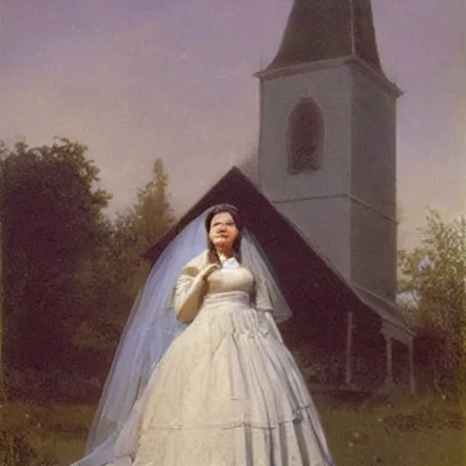 Image similar to picture of ghostly bride in front of an old wooden white church, 1 9 th century southern gothic scene, made by achenbach, andreas