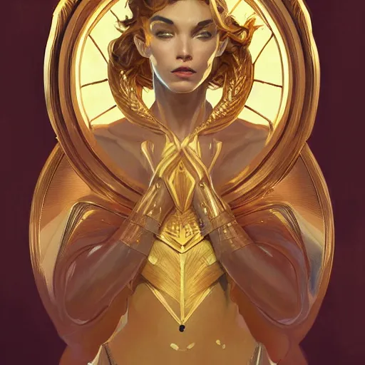 Image similar to Sandman with a gold suit, portrait, intricate, elegant, highly detailed, digital painting, artstation, concept art, smooth, sharp focus, illustration, art by artgerm and greg rutkowski and alphonse mucha