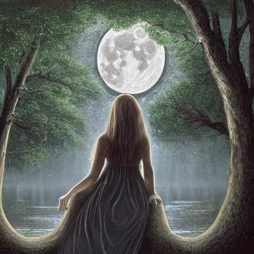 Prompt: an ultra detailed painting of a girl in a silver dress sitting in a gigantic ancient tree next to a pond at night, surrounded by a towering dark forest, the moon can be glimpsed through the trees and is veiled by fog, fog obscures the background, midnight, dark fantasy, fantasy forest, spooky forest, highly realistic, realistic painting