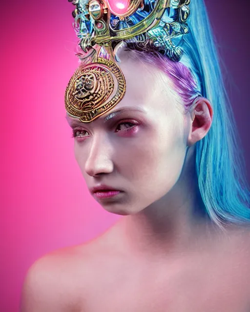 Image similar to natural light, soft focus portrait of an android with soft synthetic pink skin, blue bioluminescent plastics, smooth shiny metal, elaborate ornate head piece, piercings, skin textures, by annie liebovotz,