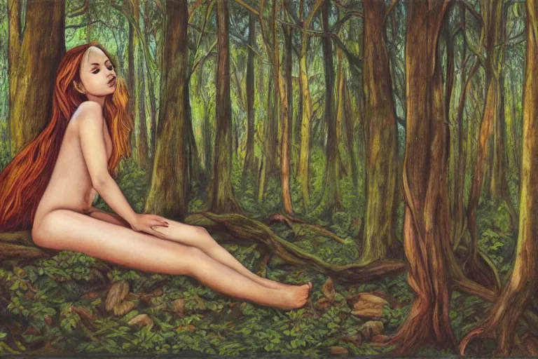 Prompt: a beautiful girl relaxing in the forest by amanda sage, portrait,