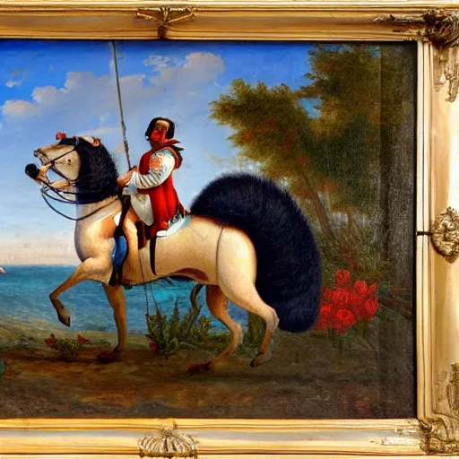 Image similar to a giant squirrel!!!! carrying napoleon bonaparte on its back, beach scene with flowers and foliage, detailed oil painting