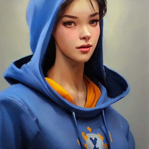 Image similar to greg manchess portrait painting of a beautiful girl wearing a blue hoodie as overwatch character, medium shot, asymmetrical, profile picture, organic painting, matte painting, bold shapes, hard edges, street art, trending on artstation, by huang guangjian and gil elvgren and sachin teng and wlop and rossdraws and greg rutkowski