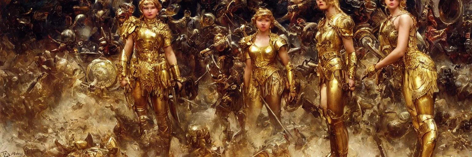 Image similar to a single young girl wearing a gold armor standing in a battlefirld, surrounded by dead bodies, extremely realistic and highly detailed painting by gaston bussiere and j. c. leyendecker 8 k