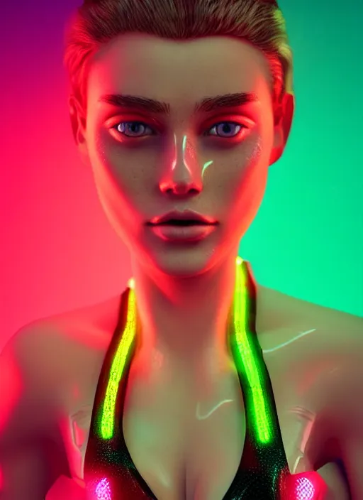 Image similar to a beautiful female humanoid with freckles cheeks, cyber neon lighting, retro futurism, intricate futuristic jewelry, retro futuristic glossy latex bikini, transparent plastic sleeveless vest, profile posing, hyper photorealistic, crispy quality, digital photography, trending in artstation, trending in pinterest, cinematic, 4 k ultra hd, art by pascal blanche, art by greg rutkowski,