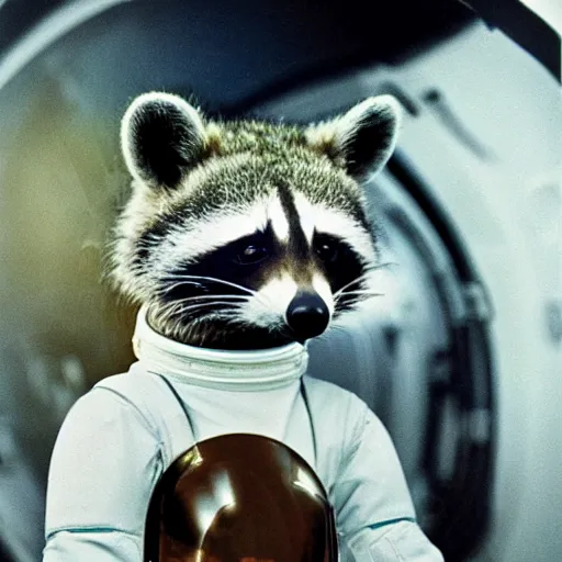 Prompt: realistic photo by annie liebovitz of a raccoon dressed as an astronaut wearing a space helmet, low contrast