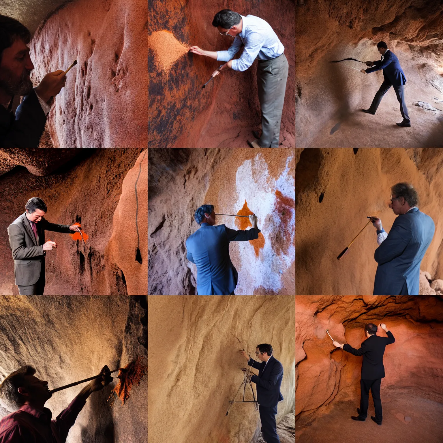 Prompt: A photo of a man in a modern suit blowing red ochre pigment to draw an aurochs on a cave wall