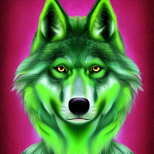 Prompt: Beautiful portrait digital painting of an anthro anthropomorphic green wolf. minimalist background