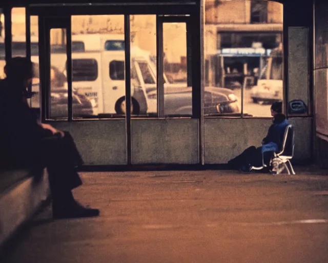 Image similar to a lomographic photo of russian lone man sitting in bus station at early evening in small town, cinestill, bokeh