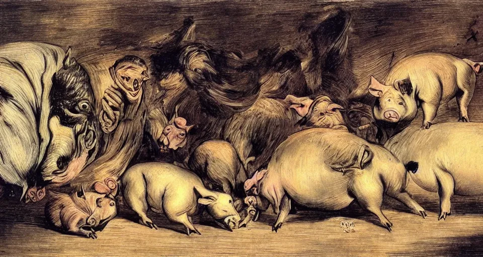 Image similar to trading pigs for swine by salvador dali and goya