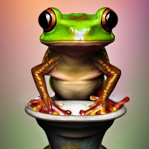 Image similar to long shot of a crazy cute frog baby sitting in a searose cup, by esao andrews, by m. w. kaluta, very humorous illustration, small depth of field, perspective perception, volumetric light, psychedelic colors, 3 d octane render, 8 k, conceptart, hyperdetailed, hyperrealistic, trending on artstation