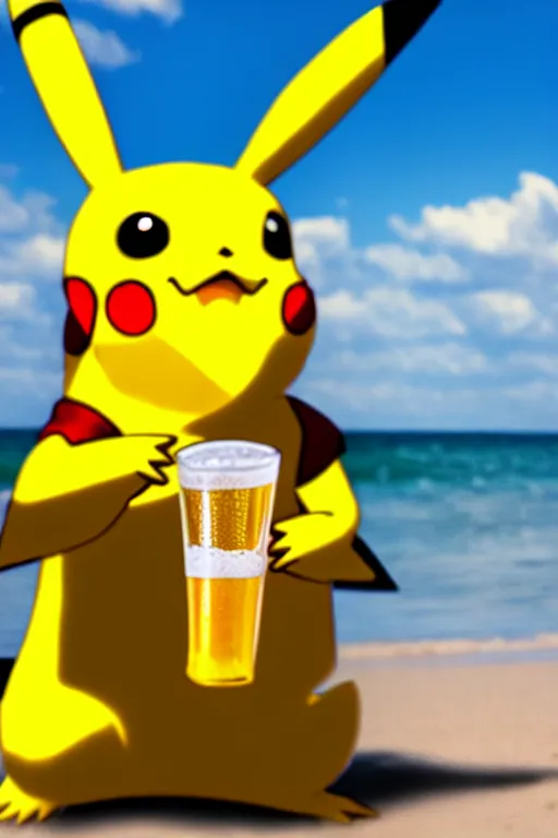 Image similar to pikachu drinking a beer on the beach