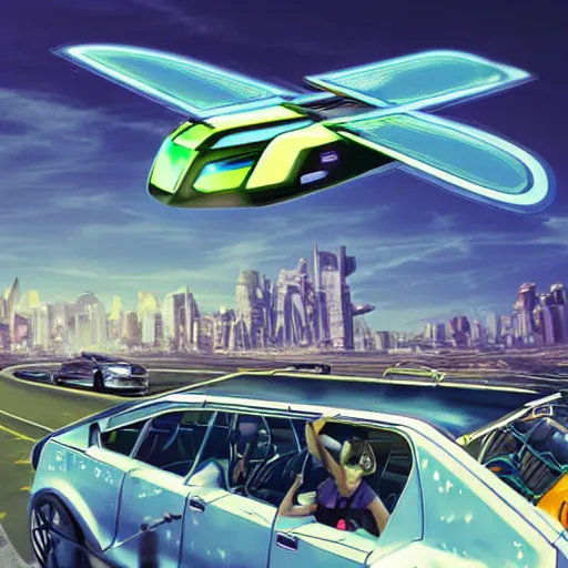 Image similar to solarpunk vehicle flying through solar punk city streets