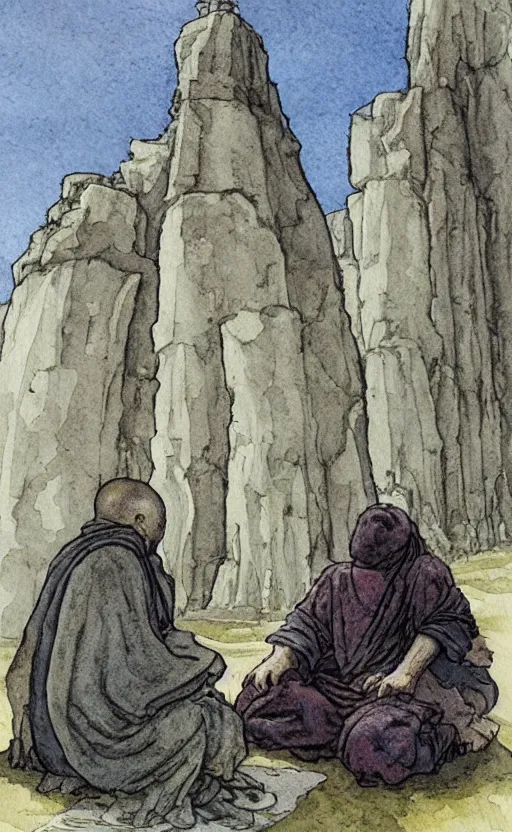 Prompt: a realistic and atmospheric watercolor fantasy concept art of giant monk with an elongated head in grey robes sitting in stonehenge. in the foreground a tiny medieval monk in grey robes is praying. in the background a ufo is in the sky. by rebecca guay, michael kaluta, charles vess