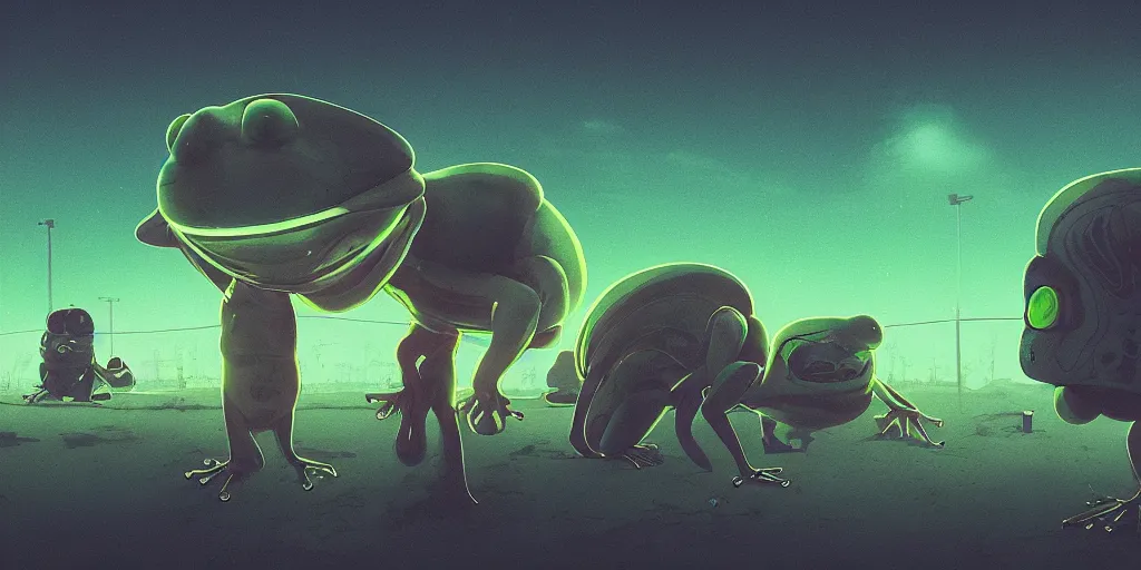 Prompt: Portrait using the Rule of Thirds,alien frogs, focusing on an alien frog invasion, the sun is exploding, Portrait, Very Cloudy Sky, Sun, Neon Lights, Rule of Thirds, perspective, Retrofuturism, Studio Ghibli, Simon Stålenhag