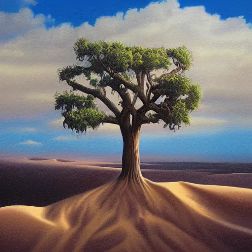 Prompt: a painting of a tree in the desert, an airbrush painting by breyten breytenbach, cgsociety, neo - primitivism, dystopian art