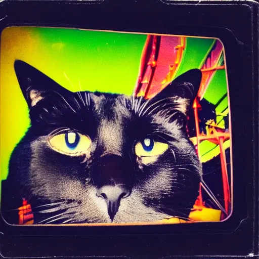 Prompt: black cat in a rollercoaster. the cat looks happy. sunlight. polaroid photo. saturated colors.