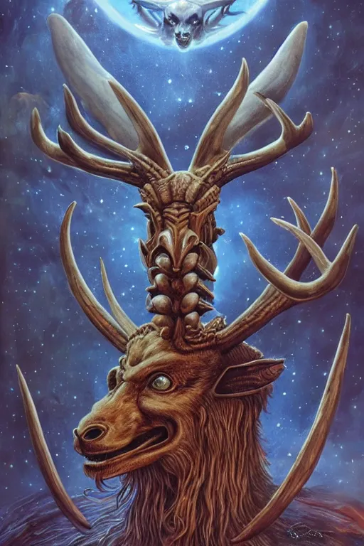 Prompt: sideview waist up portrait of baphomet with big antler, starship made with porcelain by jeff easley and peter elson, beautiful eyes and face, symmetry face, galaxy, gothic, surreal, dread, highly detailed, intricate complexity, epic composition, magical atmosphere, masterpiece, award winning, trending on artstation