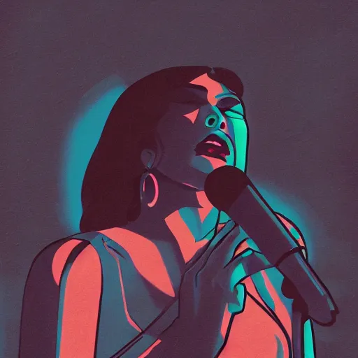 Image similar to a colorful comic noir illustration of a hauntingly beautiful woman singing the blues in new orleans by sachin teng, by queens of the stone age, dark vibes, pastel lighting, cinematic, depth of field, 8 k, high contrast