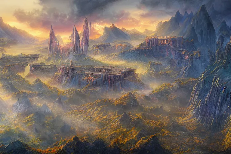 Prompt: fantasy painting, aerial view of an ancient land, sunset and ominous shadows over the kingdom, brutalist rivendell eden by jessica rossier and brian froud