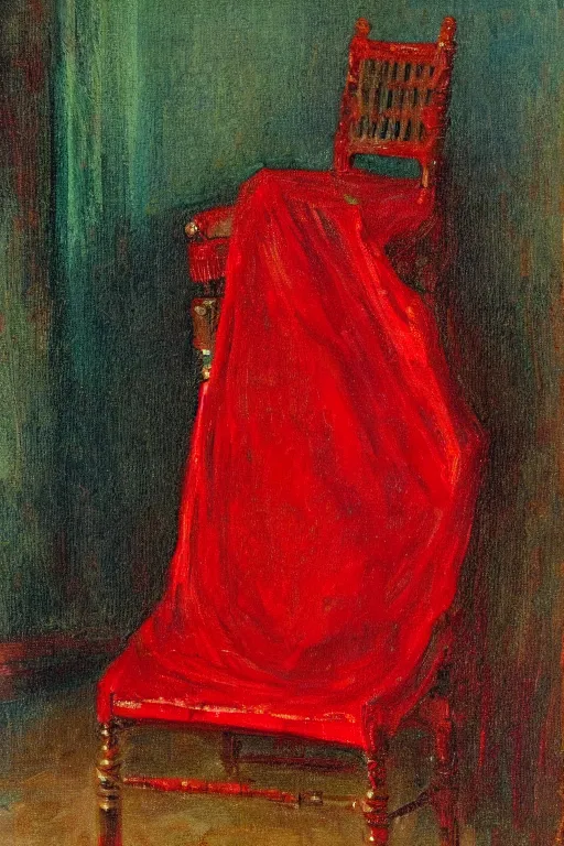 Image similar to an empty red dress laid across a chair in a dark victorian era room. in the style of american impressionism painting.