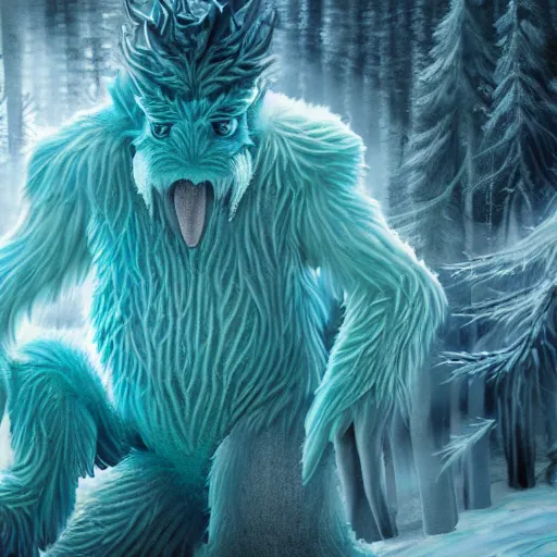 Image similar to ice monster in the bunring forest high detailed