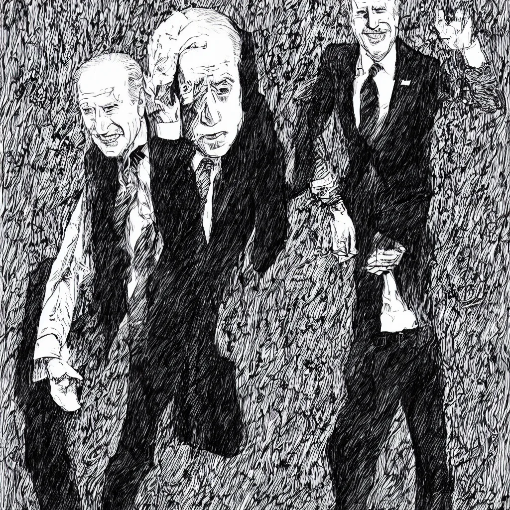 Image similar to Joe Biden full body portrait, body horror, black and white Illustration by Junji Ito