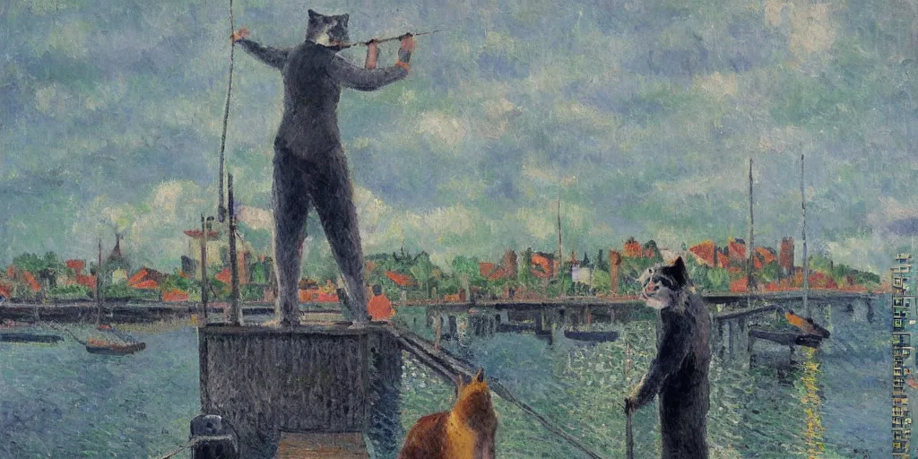 Image similar to cat sitting on the pier fishing, expressive oil painting by christopher radlund and camille pissaro