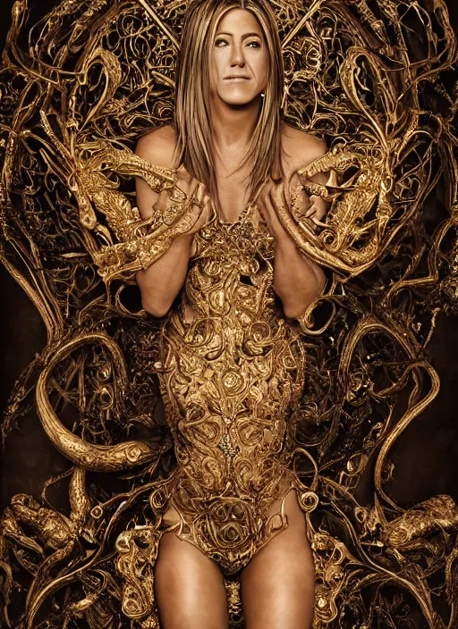 Image similar to a portrait of jennifer aniston by stefan geselle and nekro borja, photorealistic, intricate details, hyper realistic, fantasy, elegant, baroque gold headpiece, photorealistic, canon r 3, photography, wide shot, symmetrical features, symmetrical pose, wide angle shot, head to toe, standing pose, feet on the ground, wearable art