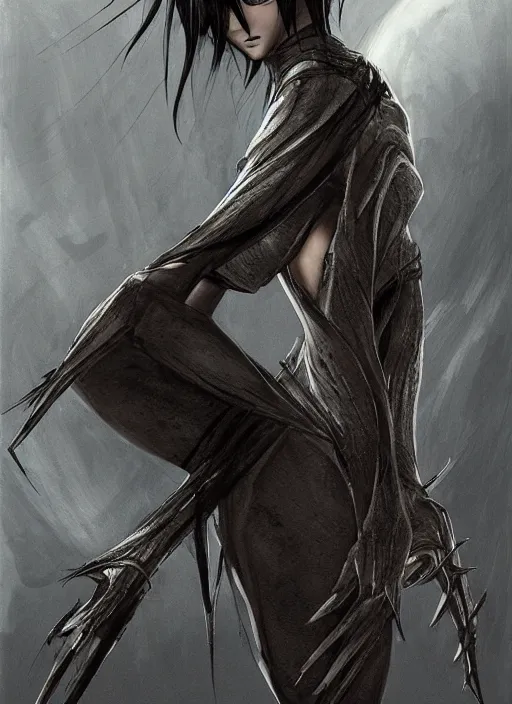 Image similar to Mikasa Ackerman, concept art, smooth matte, focused, illustration art style by Ian Spriggs and H R Giger