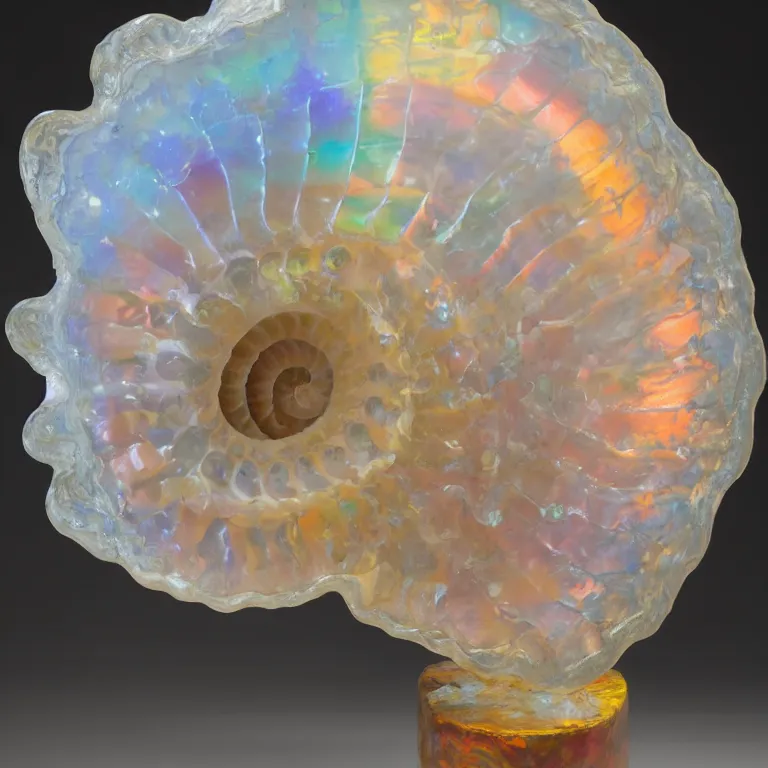 Prompt: hyperrealistic sculpture of an opalescent crystalline ammonite fossile encased in a colored glass crystal on a pedestal by ron mueck and duane hanson and damien hirst, hyperrealistic dramatic colored lighting trending on artstation 8 k