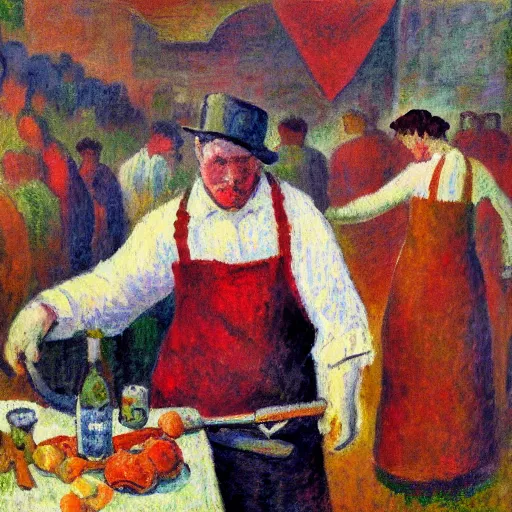 Image similar to a painting in the style of Maximilien Luce of a cow wearing a bloody apron and butchering a human