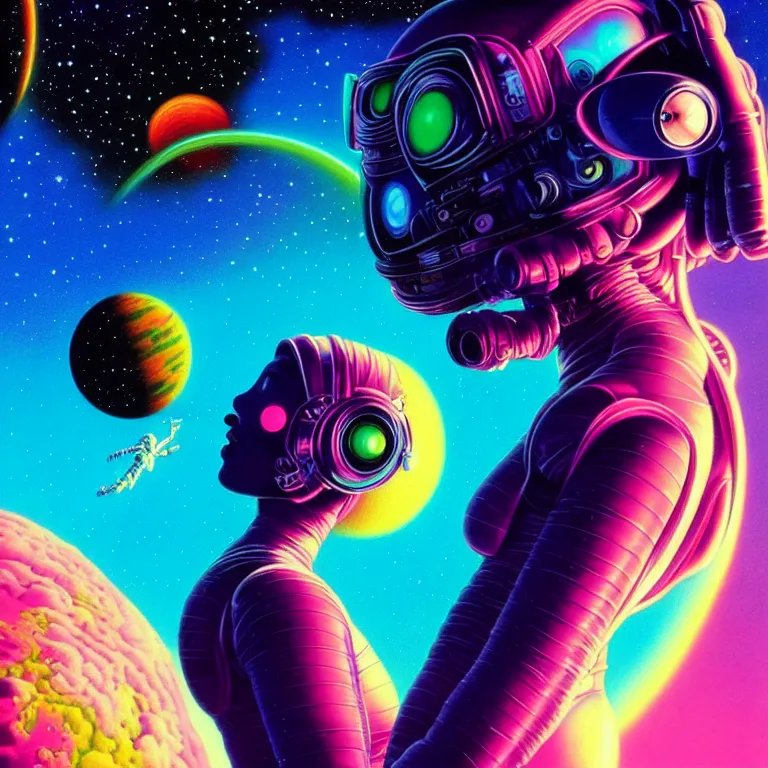 Image similar to cosmic astronaut girl, 2 0 yo, close - up, synthwave, bright neon colors, highly detailed, cinematic, tim white, roger dean, michael whelan, jim burns, bob eggleton, philippe druillet, vladimir kush, kubrick, alfred kelsner, vallejo