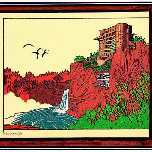 Image similar to master color woodblock print, fallingwater