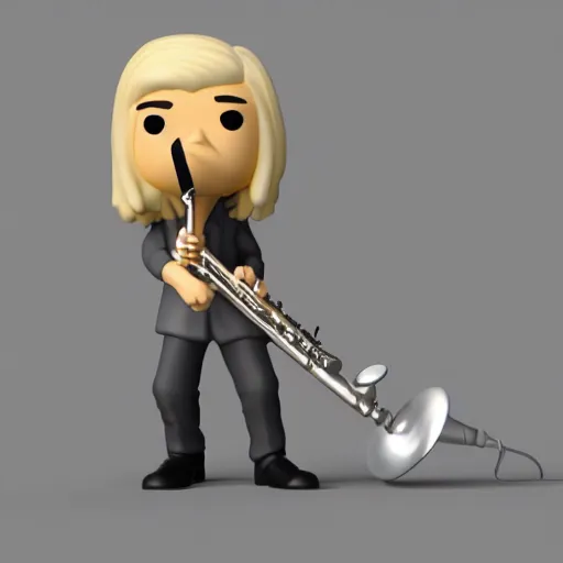 Image similar to a 3d render of blond hippie man playing the sax as a funko pop, studio lighting, grey background