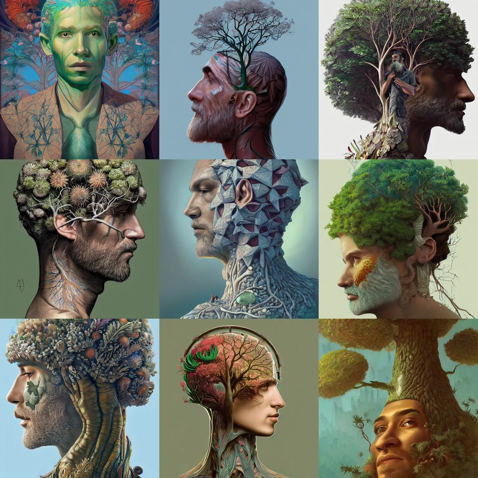 Prompt: A man with a tree growing out of the top of the head, art deco design, by Mandy Jurgens and Warhol, Ernst Haeckel, James Jean, artstation, concept art