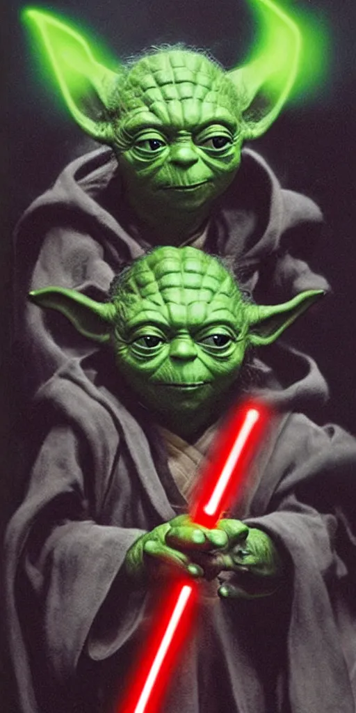 Prompt: yoda, as a sith lord, with a red lightsaber, using the dark force, realistic, ultra realistic