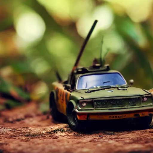 Image similar to 3 5 mm photo of militar car like hot wheels model in jungle as background, on an very epic cinematic